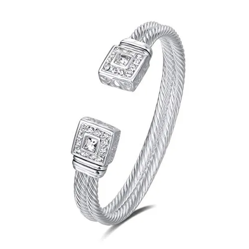 UNY Designer Inspired Jewelry Double Cable Wire Square CZ Antique Bangle Elegant Beautiful (White)