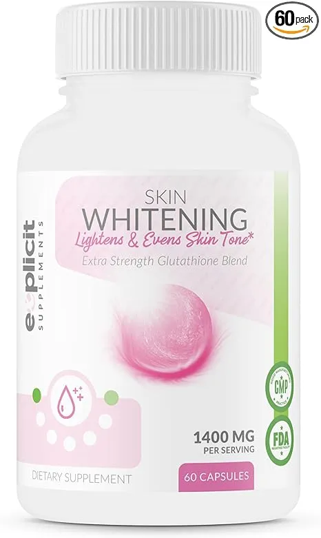 eXplicit Supplements Skin Whitening Supplement, Glutathione 1000mg, Clears and Evens Skin Tones, Helps Clear Up Dark Spots and Acne Scars - 60 Capsules eXplicit Supplements Skin Whitening Supplement, Glutathione 1000mg, Clears and Evens Skin Tones, Helps Clear Up Dark Spots and Acne Scars - 60 Capsules