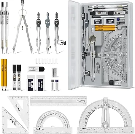 Nicpro 22 PCS Compass Geometry Tools with Case, Drafting Tools Geometry Set with Swing Arm Protractor, Rulers, Metal Compass, Square Set, Mechanical Pencil, Back to School Supplies for Students