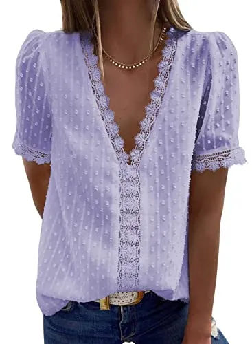 Dokotoo Women's Cute 2022 Summer Lace Crochet V Neck Flowy Short Sleeve Shirts for Women Blouses Spring Solid Casual Loose T Shirts Pom Pom Chiffon Tops Purple M