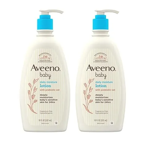 Aveeno Baby Daily Moisture Body Lotion for Sensitive Skin, Hypoallergenic Moisturizing Baby Lotion with Nourishing Oat to Deeply Moisturize Babys Skin, Fragrance-Free, 18 fl. oz, 2 Pack Aveeno Baby Daily Moisture Body Lotion for Sensitive Skin, Hypoallergenic Moisturizing Baby Lotion with Nourishing Oat to Deeply Moisturize Baby