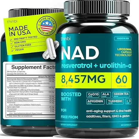 Thinbi Liposomal NAD+ Supplement with Resveratrol & CoQ10, 60 Count