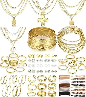 FANDY 137 Pieces Gold Jewelry Set for Women, 12 Necklace, 14 Bracelet, 21 Earrings, 24 Knuckle Rings, 66 Hair Accessory Gold Plated Jewelry Set for Women Gift