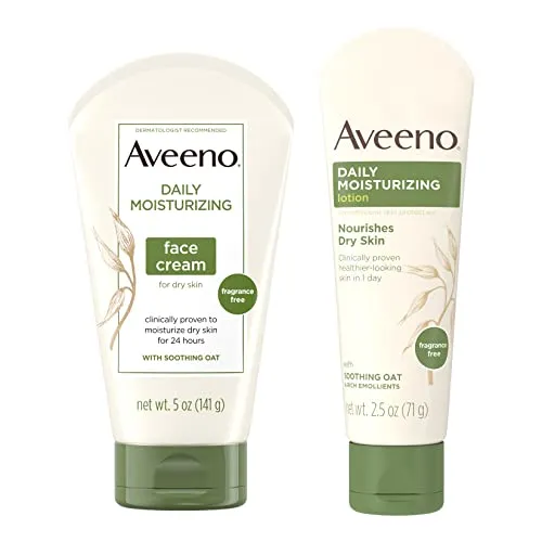 Aveeno Daily Moisturizing Fragrance-Free Face & Neck Cream, Oat Facial Moisturizer for Dry Skin, 5 oz, & Aveeno Daily Moisturizing Body Lotion with Soothing Oat, 2.5 oz, Two Pack Aveeno Daily Moisturizing Fragrance-Free Face & Neck Cream, Oat Facial Moisturizer for Dry Skin, 5 oz, & Aveeno Daily Moisturizing Body Lotion with Soothing Oat, 2.5 oz, Two Pack