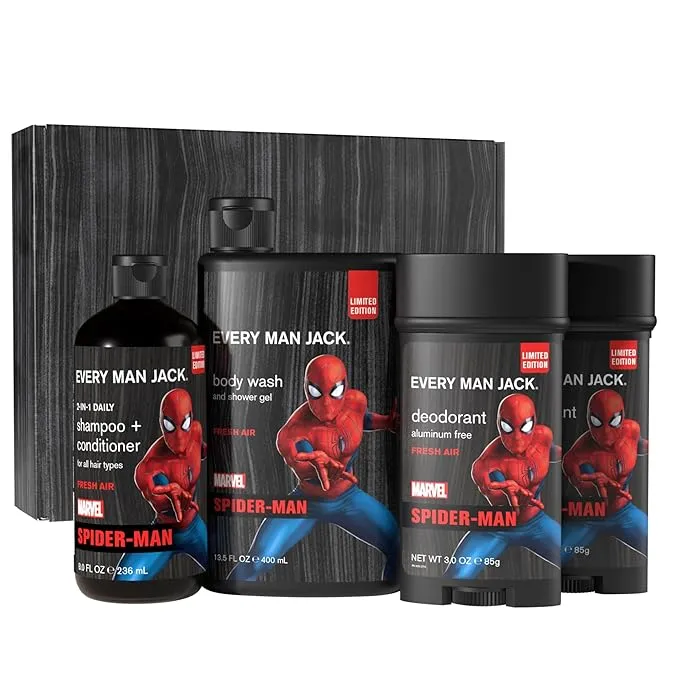 Every Man Jack Spider-Man Body Set - Perfect for Every Guy & Marvel-Lover - Bath and Body Marvel Gift Set with Clean Ingredients & Incredible Scents - Includes Body Wash, Shampoo & Deodorant 2-Pack