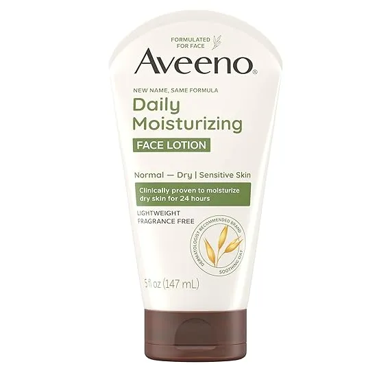 Aveeno Daily Moisturizing Face Lotion with Soothing Prebiotic Oat, Gentle Lotion Nourishes Normal to Dry Skin With Moisture, Facial Lotion for Sensitive Skin, Fragrance-Free, 5 oz Aveeno Daily Moisturizing Face Lotion with Soothing Prebiotic Oat, Gentle Lotion Nourishes Normal to Dry Skin With Moisture, Facial Lotion for Sensitive Skin, Fragrance-Free, 5 oz