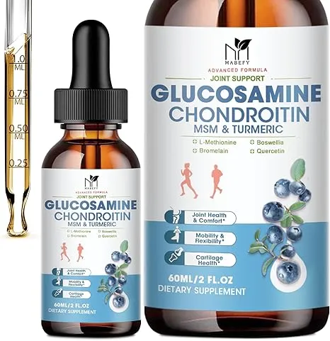 Glucosamine Chondroitin MSM Liquid Drops - Joint Support Supplement with Turmeric Boswellia, Bromelain, Hyaluronic Acid, Relief for Back, Knees & Hands, Blueberry Flavor, 2 Fl Oz