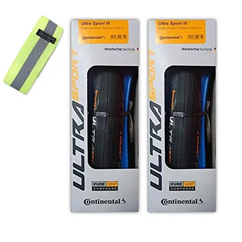 Bike A Mile Continental Ultra Sport III Road Bike Tires Folding Bike Tire Set of Bicycle Tires - with Reflective Armband (2 Black/Blue Tires III+ Reflector, 700 x 25mm) Bike A Mile Continental Ultra Sport III Road Bike Tires Folding Bike Tire Set of Bicycle Tires - with Reflective Armband (2 Black/Blue Tires III+ Reflector, 700 x 25mm)