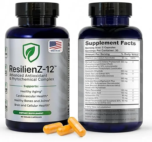 ResilienZ-12 Healthy Aging & Cellular Health – 12-in-1 Longevity Antioxidant Complex w/Meriva Curcumin Phytosome, Sulforaphane, CoQ10, EGCG, Resveratrol, Quercetin, Tocotrienols & Astaxanthin