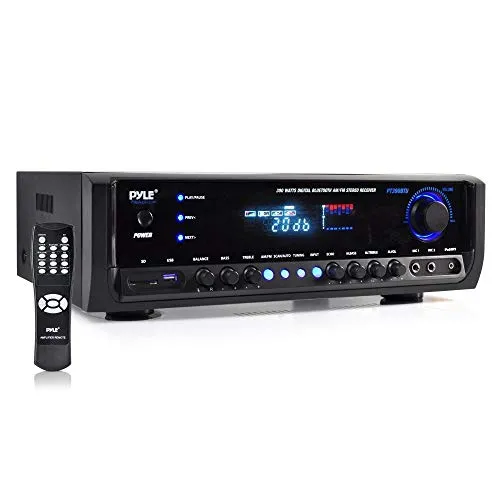 Wireless Bluetooth Power Amplifier- 300W 4 Channel Home Theater Audio Stereo Sound Receiver Box Entertainment w/USB, RCA, 3.5mm AUX, LED, Remote - for Speaker, PA, Studio - Pyle PT390BTU (Renewed)