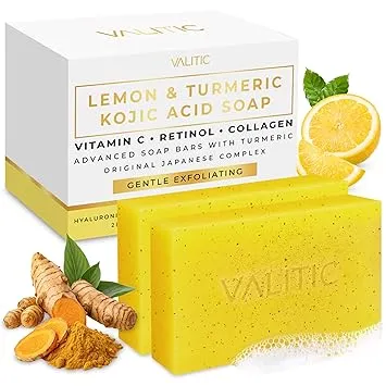 VALITIC Lemon Turmeric Soap for Dark Spots - Kojic Acid Soap for Face and Body - Exfoliating Bar for Brightening, Skin Tone Corrector with Retinol, Vitamin C, Collagen and Hyaluronic Acid - 2 Pack VALITIC Lemon Turmeric Soap for Dark Spots - Kojic Acid Soap for Face and Body - Exfoliating Bar for Brightening, Skin Tone Corrector with Retinol, Vitamin C, Collagen and Hyaluronic Acid - 2 Pack