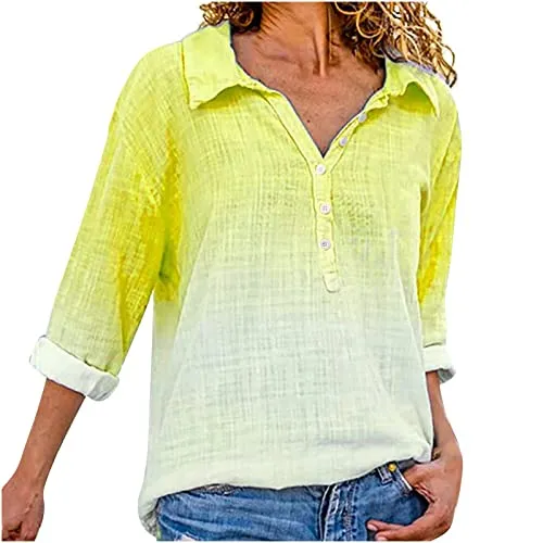 Womens Shirts Button V Neck Long Sleeve Blouse Gradient Color Lapel Slim Casual T Shirt Tops Ladies Comfy Graphic Tees