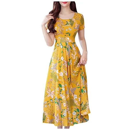 WOCACHI Womens Floral Maxi Dresses Sale, Ladies Fashion Summer Mid-Calf Short Sleeve Beach Printing Dress Back to College School Seasons Dog Mom Mommy Daughter Cartoon Grandma Old Birthday