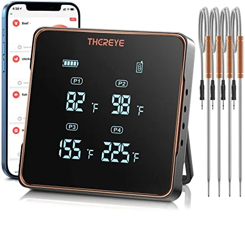 Meat Thermometer, Thereye Wireless Bluetooth Meat Thermometer Digital with 4 Probes, Remote Smart Meat Thermometer 393ft, Instant Read Grill Thermometer Alert & Timer for Cooking BBQ Kitchen Oven Food Meat Thermometer, Thereye Wireless Bluetooth Meat Thermometer Digital with 4 Probes, Remote Smart Meat Thermometer 393ft, Instant Read Grill Thermometer Alert & Timer for Cooking BBQ Kitchen Oven Food