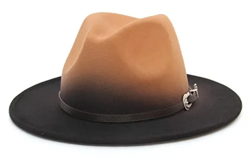EOZY Gradient Color Fedora Hat for Women & Men Wide Brim Felt Hat with Belt Buckle Camel