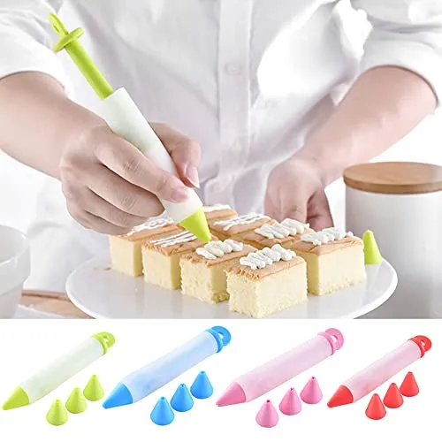 Suuker Cake Decorating Pens Kit,Silicone Food Writing Pen with 4 Patterns of Icing Piping Pen Tips,Cookie Cream Pastry Decorating Pens Kit for Cake Icing, Baking and DIY(4Pcs)