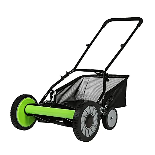 16-Inch 5-Blade Cordless Manual Reel Lawn Mower, Adjustable Cutting/ Handle Height Grass Cutter with Grass Catcher, Green